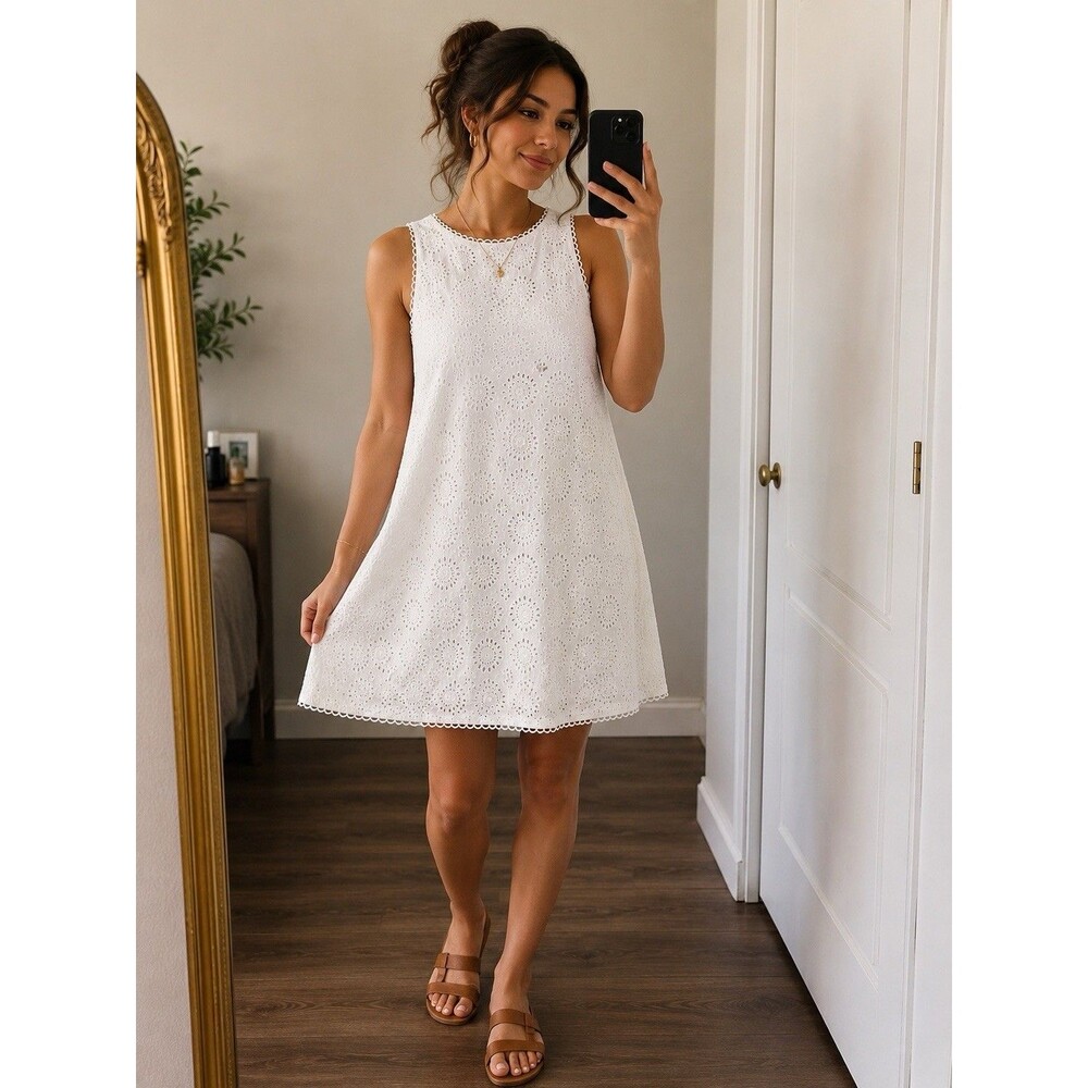 ON 34th White Eyelet Shift Dress Sleeveless 100%Cotton Lined Sheath SZ L Coastal